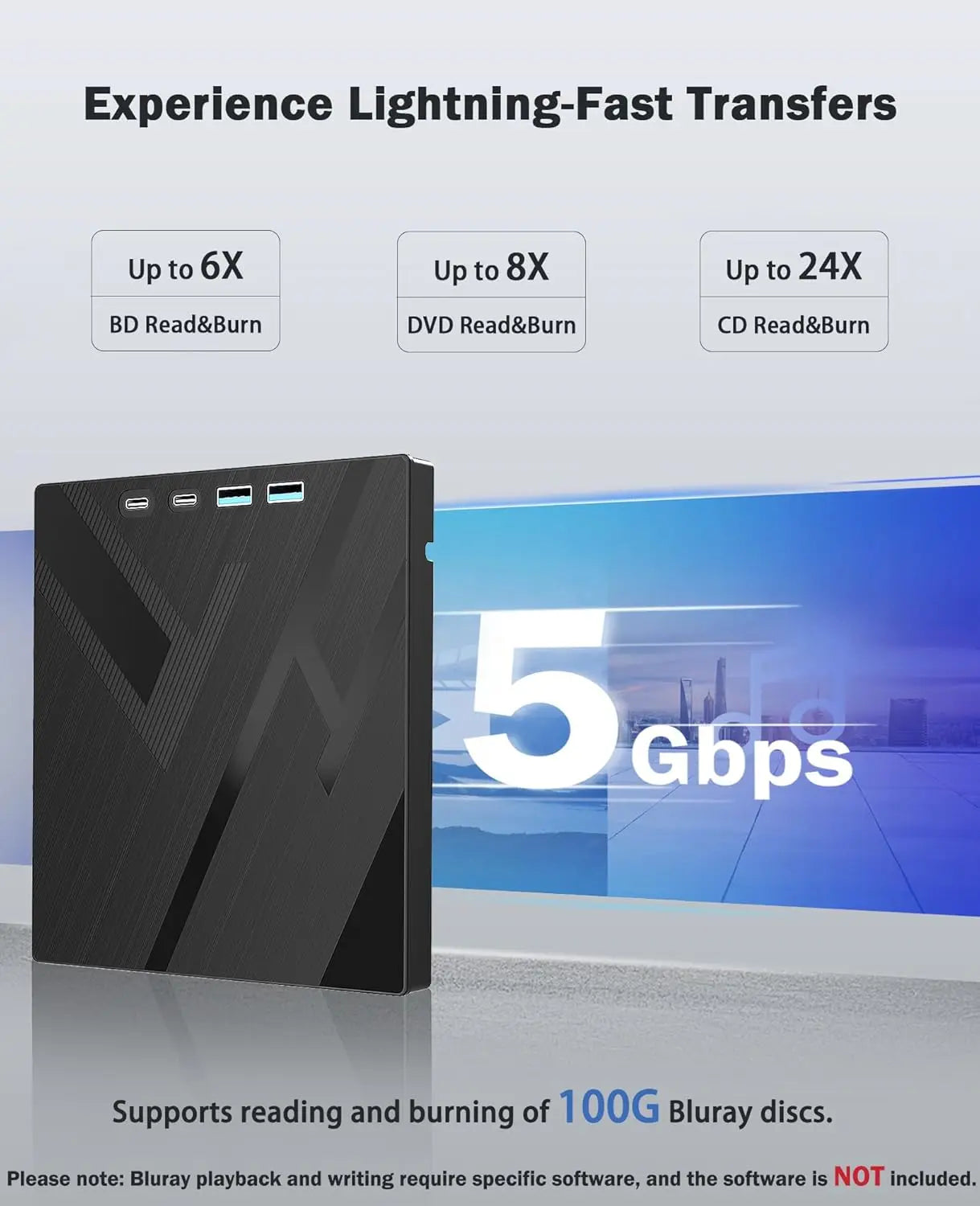 True 7-in-1 HUB External BDXL 100GB Blu-ray Writer BD-RE Drive USB 3.0 Type-C with 2xUSB Ports, SD/TF Reader for Pro Data Backup
