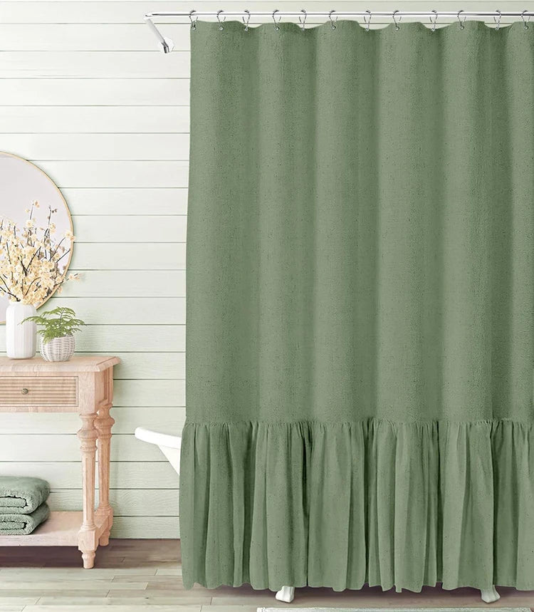 Beige 72x72 Inch French Country Linen Blend Ruffle Shower Curtain for Bathroom