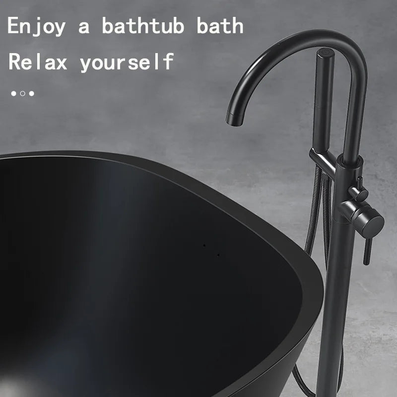 Matte Black Brass Ceramic Floor Mounted Free Standing Shower System Bathtub Mixer Tap Faucet Set Slide Bar 1 Handle Soft Spray