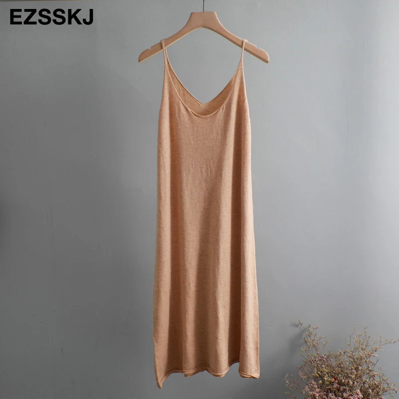 Ezsskj Spring summer 2020 Woman Knitted Tank Dress Casual Long Camisole Vest dress Women Loose  cashmere maix a-line dress