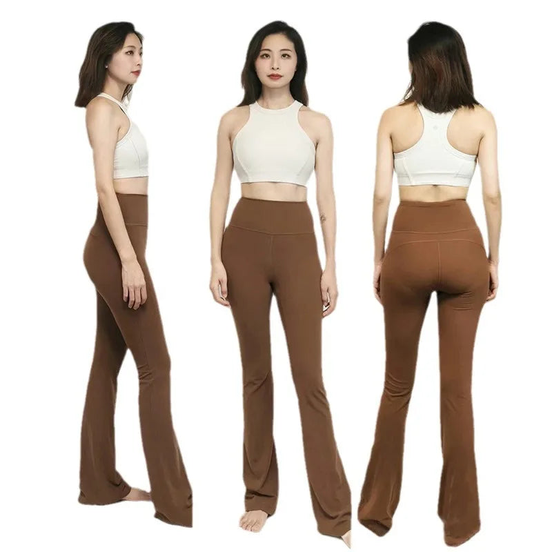 Solid Flared Yoga Sports Fitness Pants Spandex/Nylon High Waist Elastic Slimming Wide Leg Full Length Tummy Control Hip Lifting