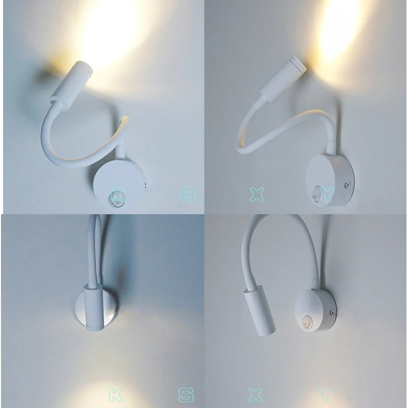 LED Wall Lamp Knob Switch 90-260V 3W Modern Bedroom Bedside Lamp Black White Light Body 360 Degree Angle Adjustable Wall Light