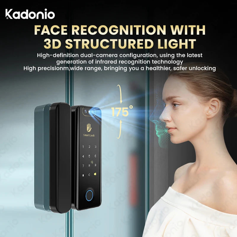 Kadonio Intelligent 3D Face ID Office Electronic Biometric Fingerprint Keyless Digital TTLock APP Smart Sliding Glass Door Lock