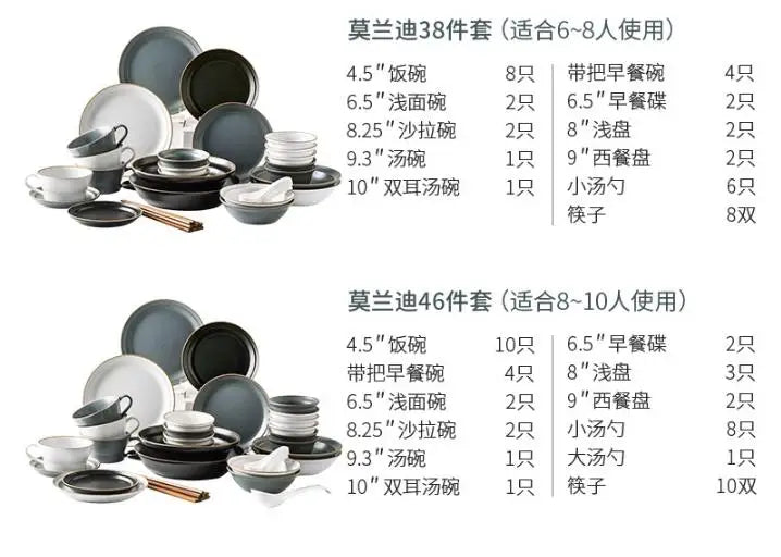 LingAo-Nordic Style Ceramic Household Bowl, Plate, Dish, Chopsticks, Tableware Combination Set