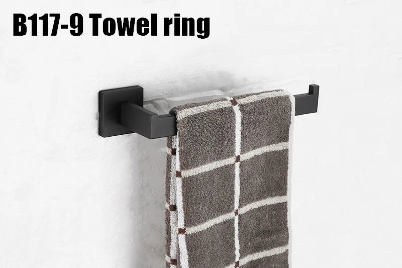 Matt Black Bathroom Hardware Set Kit Accessories Wall Shelf Towel Bar Rack Rail Robe Hanger Toilet Brush Roll Paper Holder Dish