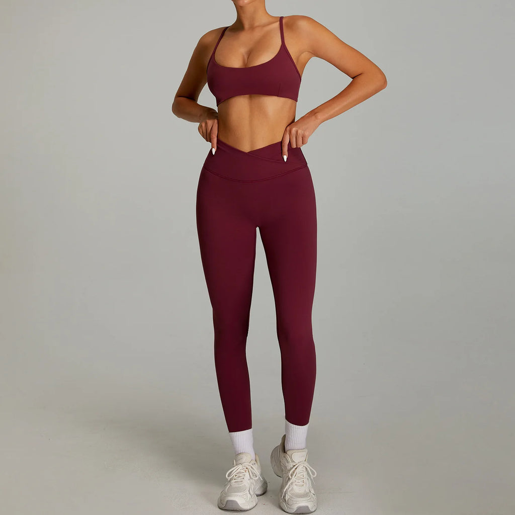 Women Cross Waist Naked Feel Yoga Set High Waist Tight Quick Dry Fitness Suit Outdoor Running Sports Tracksuit
