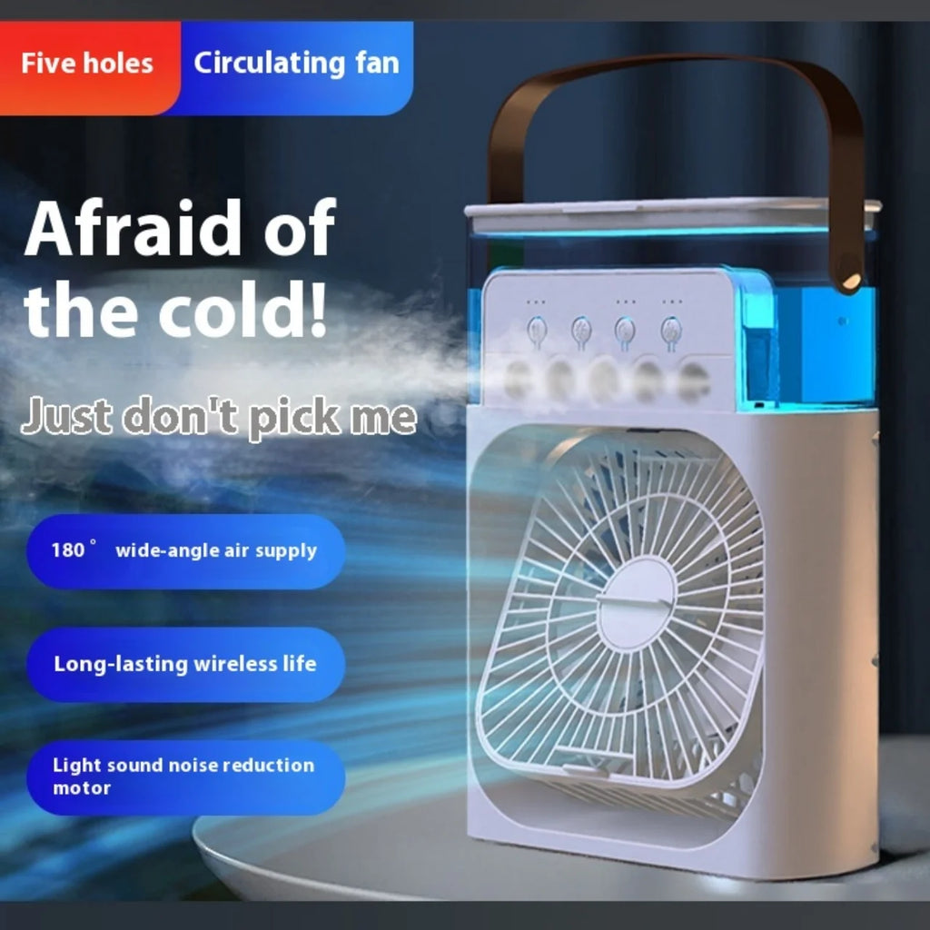 Five-Hole Small Electric Fan for Office Student Dormitory 5V Strong Wind with Light Humidify Function for Household Use
