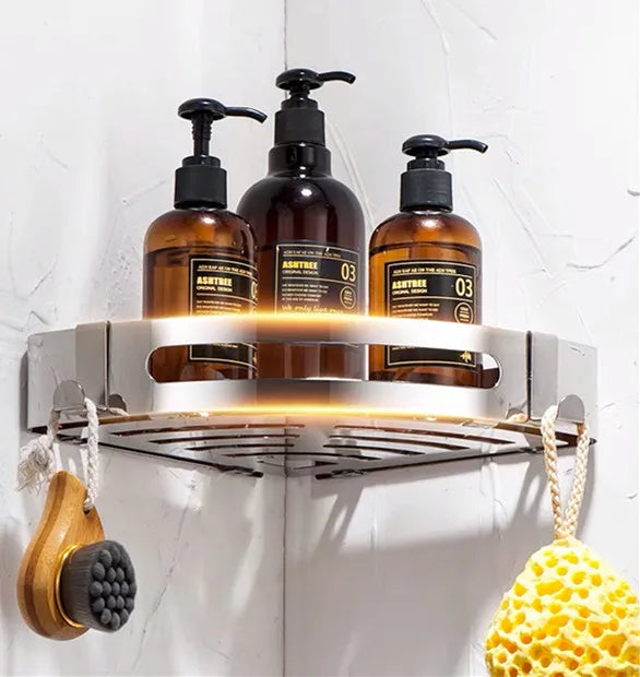 Modern SUS304 Stainless Steel Bathroom Corner Shower Shelf with Hooks, Wall Mounted Self-Adhesive Organizer Rack