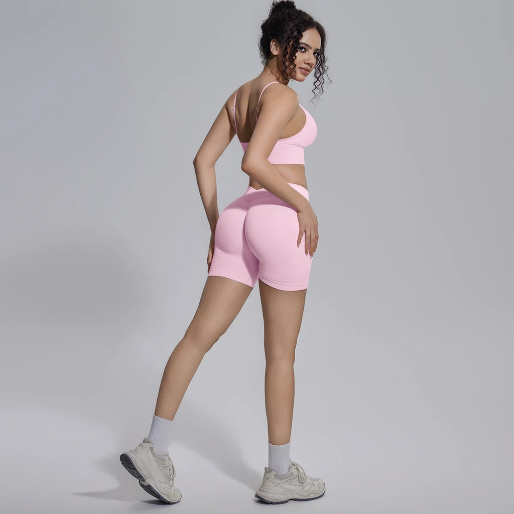 New Summer Sexy Naked Feeling Yoga Shorts Set Women 2 Piece Sport Bra Biker Shorts Workout Gym Activewear