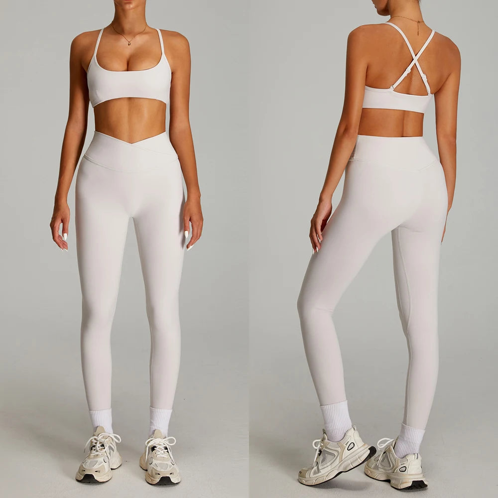 High Quality 2 Piece Cross V-shaped Waist Leggings Women Activewear Fitness & Yoga Wear Sports Bra Gym Fitness Sets