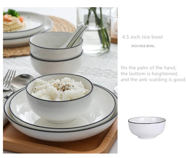Black Rim White Ceramic Dinner Tray, Kitchen Plate, Tableware, Food Dishes, Soup Bowl,  Kitchen Cook Tool, 1 Piece Sale