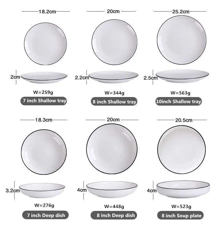 Black Rim White Ceramic Dinner Tray, Kitchen Plate, Tableware, Food Dishes, Soup Bowl,  Kitchen Cook Tool, 1 Piece Sale