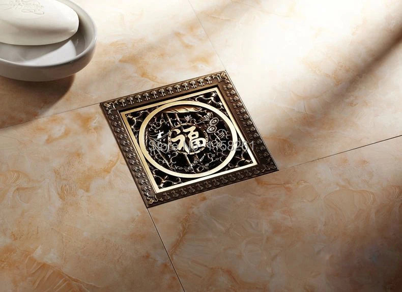 Shower Drains 12*12cm Square Bath Drains Strainer Hair Antique Brass Art Carved Bathroom Floor Drain Waste Grate Drain HJ-8701T