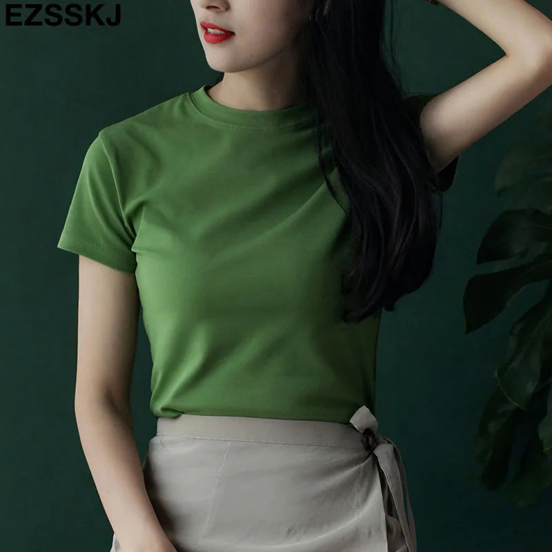casual 95% Cotton Basic T Shirt Women Summer O-neck Short Sleeve sexy T shirt Plus Size 3XL solid Color slim Tee top Female