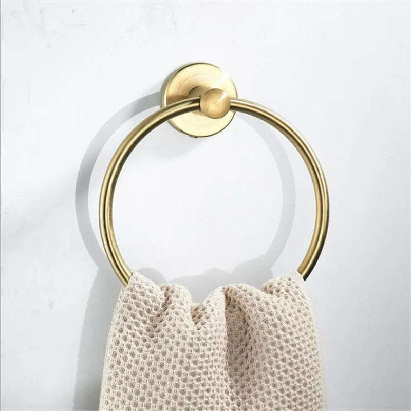 Black/Brushed Gold Stainless Steel Towel Ring Wall Hanging Round Towel Holder with Drill Hole Bathroom Storage Rack Accessory