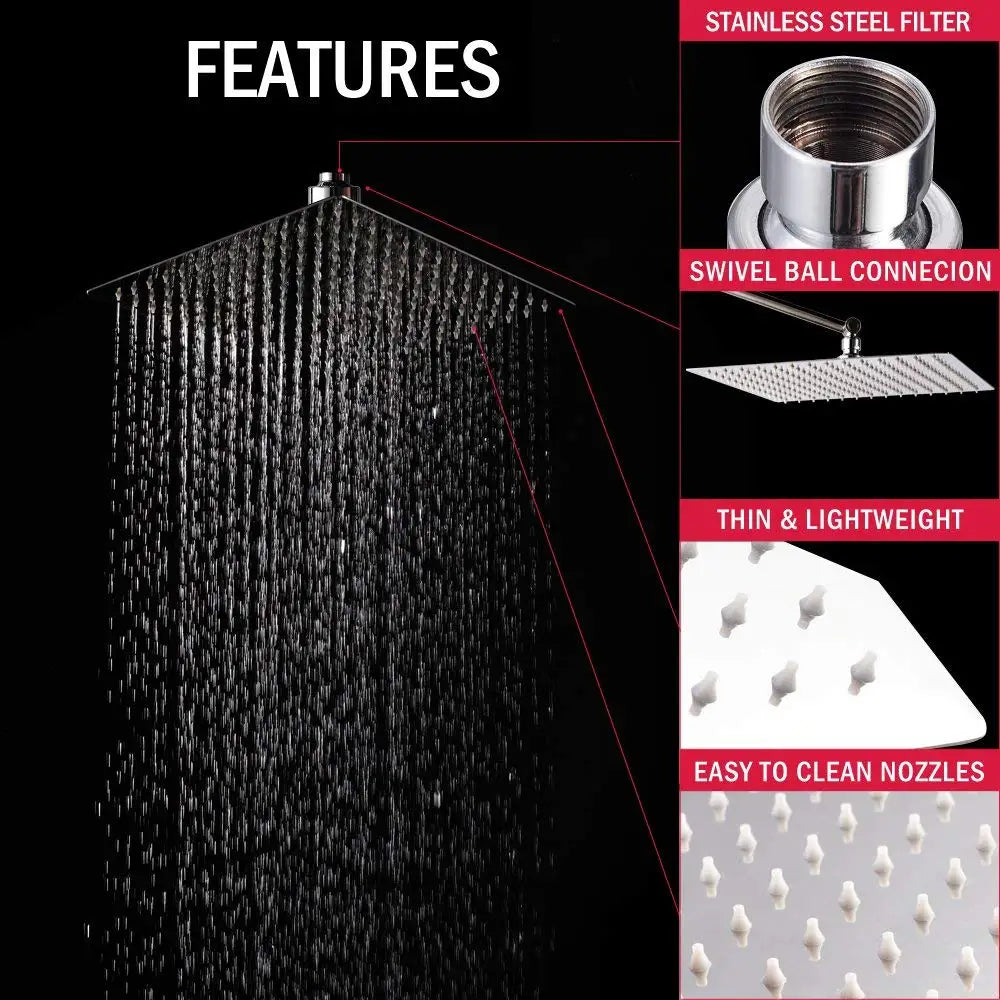 Rainfall Shower Head 12/10/8 Inch Waterfall Shower Ultra Thin 201 Stainless Steel Square Rain Showerheads Bathroom Accessories