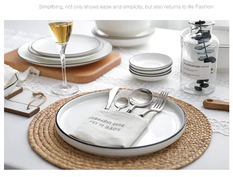 Black Rim White Ceramic Dinner Tray, Kitchen Plate, Tableware, Food Dishes, Soup Bowl,  Kitchen Cook Tool, 1 Piece Sale
