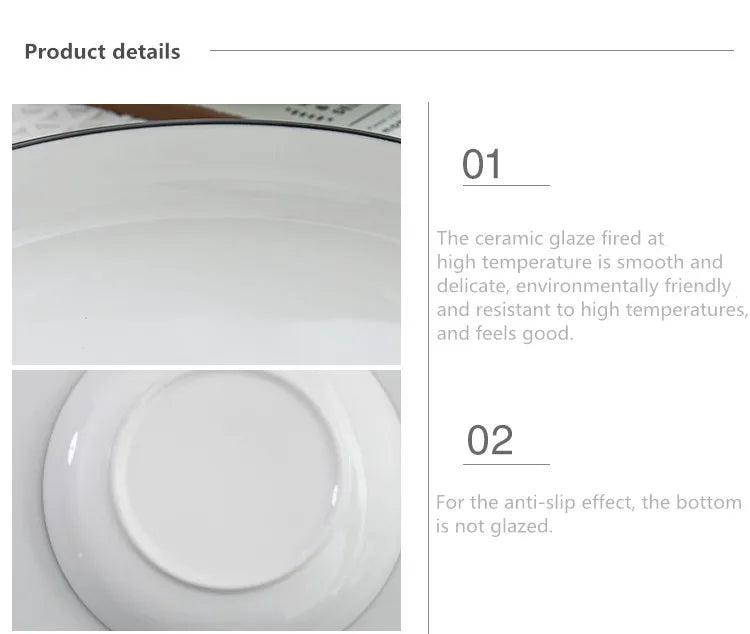 Black Rim White Ceramic Dinner Tray, Kitchen Plate, Tableware, Food Dishes, Soup Bowl,  Kitchen Cook Tool, 1 Piece Sale