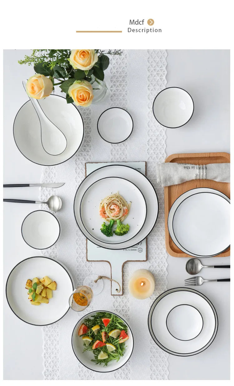 Black Rim White Ceramic Dinner Tray, Kitchen Plate, Tableware, Food Dishes, Soup Bowl,  Kitchen Cook Tool, 1 Piece Sale