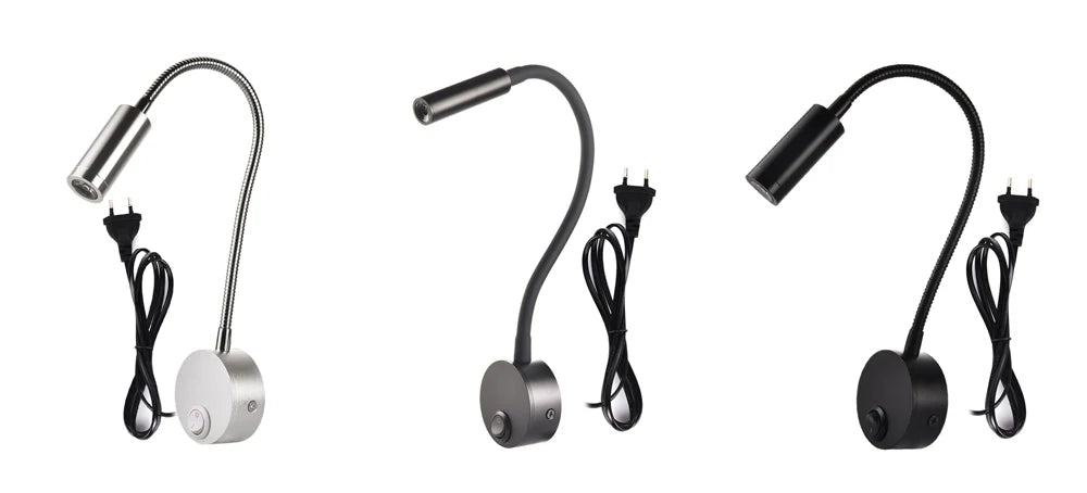 Wall Lmap Sconces Clamp light 3W Bedroom Lamp on/off Switch White Silver Black Flexible Gooseneck home bedside reading lights