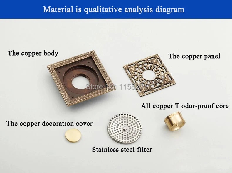 Shower Drains 12*12cm Square Bath Drains Strainer Hair Antique Brass Art Carved Bathroom Floor Drain Waste Grate Drain HJ-8701T