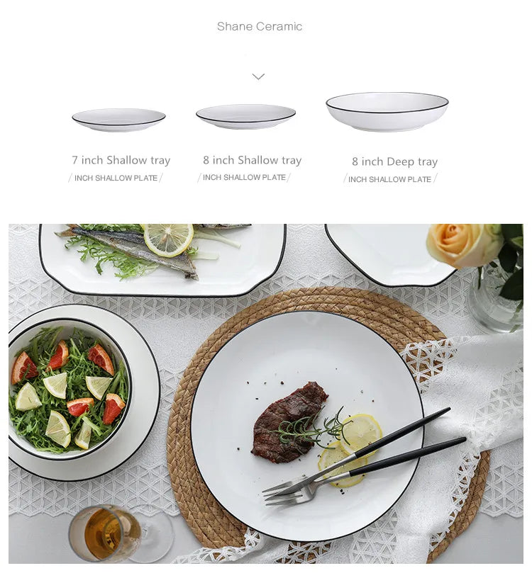 White With Black Edge Dinner Plate Ceramic Kitchen Tray Food Dishes Rice Salad Noodles Bowl Soup Kitchen Cook Tool 1pcs Sale