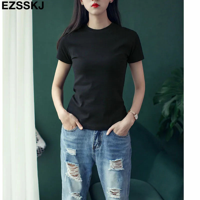casual 95% Cotton Basic T Shirt Women Summer O-neck Short Sleeve sexy T shirt Plus Size 3XL solid Color slim Tee top Female