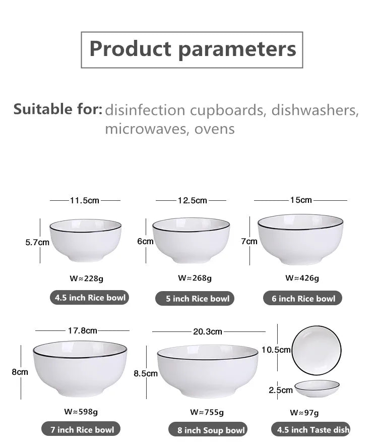 White With Black Edge Dinner Plate Ceramic Kitchen Tray Food Dishes Rice Salad Noodles Bowl Soup Kitchen Cook Tool 1pcs Sale