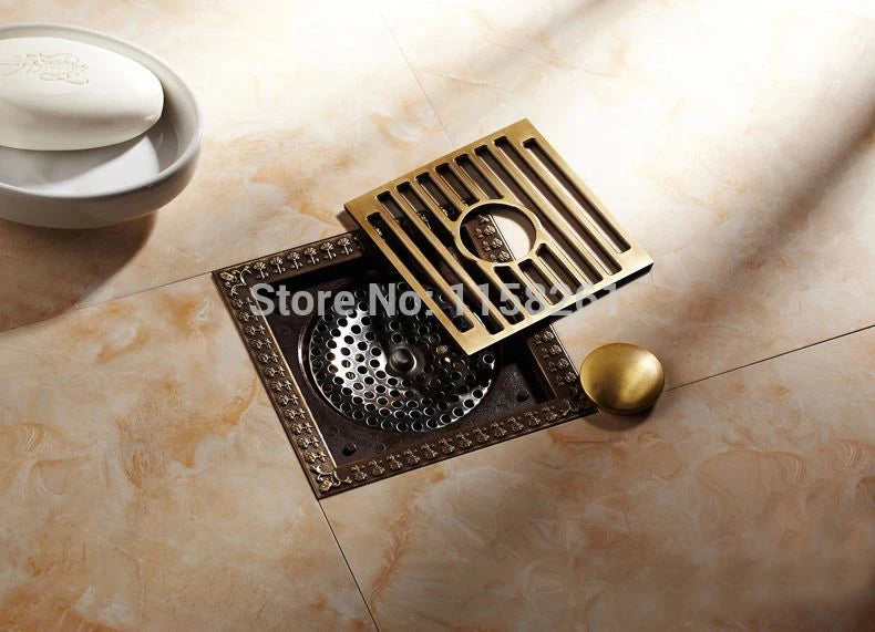 Shower Drains 12*12cm Square Bath Drains Strainer Hair Antique Brass Art Carved Bathroom Floor Drain Waste Grate Drain HJ-8701T