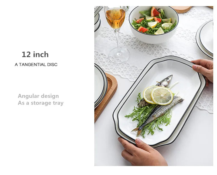 Black Rim White Ceramic Dinner Tray, Kitchen Plate, Tableware, Food Dishes, Soup Bowl,  Kitchen Cook Tool, 1 Piece Sale