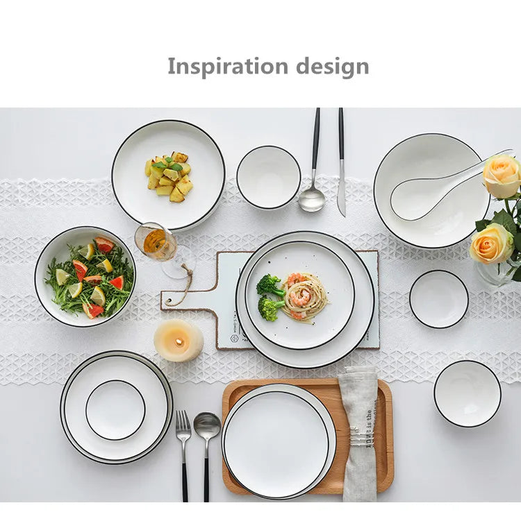 Black Rim White Ceramic Dinner Tray, Kitchen Plate, Tableware, Food Dishes, Soup Bowl,  Kitchen Cook Tool, 1 Piece Sale