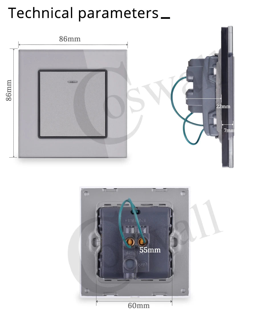 Coswall Luxury Crystal Tempered Glass Panel 1 Gang 1 Way Light Switch On / Off Wall Switch With LED Indicator 16A AC 250V