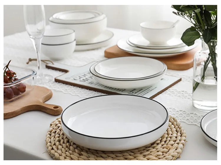 Black Rim White Ceramic Dinner Tray, Kitchen Plate, Tableware, Food Dishes, Soup Bowl,  Kitchen Cook Tool, 1 Piece Sale