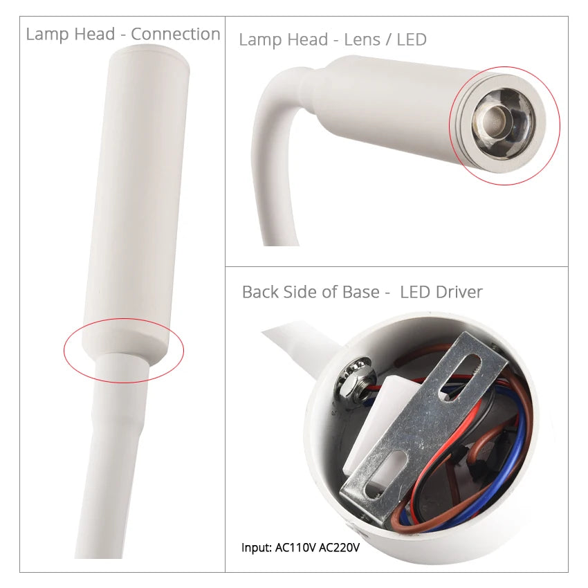 Wall Lmap Sconces Clamp light 3W Bedroom Lamp on/off Switch White Silver Black Flexible Gooseneck home bedside reading lights