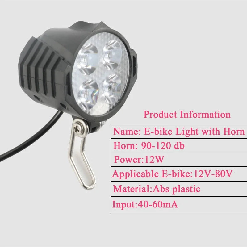 Electric Bicycle Light/ebike Light 12W 36V 48V with Horn Switch Waterproof Flashlight