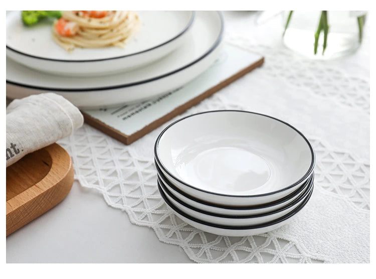 White With Black Edge Dinner Plate Ceramic Kitchen Tray Food Dishes Rice Salad Noodles Bowl Soup Kitchen Cook Tool 1pcs Sale