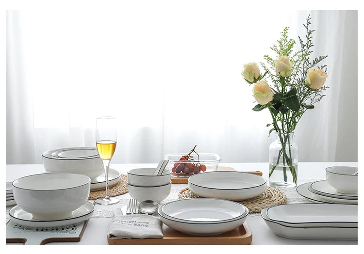 White With Black Edge Dinner Plate Ceramic Kitchen Tray Food Dishes Rice Salad Noodles Bowl Soup Kitchen Cook Tool 1pcs Sale
