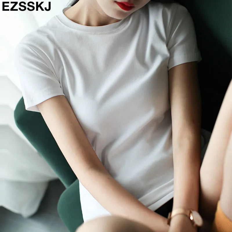 casual 95% Cotton Basic T Shirt Women Summer O-neck Short Sleeve sexy T shirt Plus Size 3XL solid Color slim Tee top Female