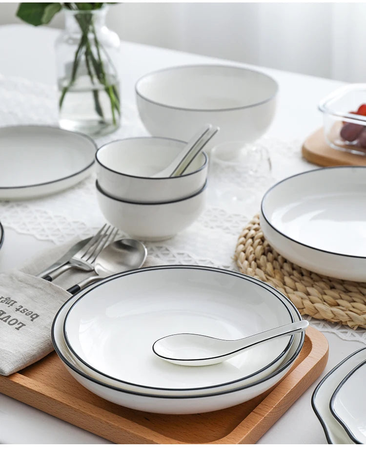 Black Rim White Ceramic Dinner Tray, Kitchen Plate, Tableware, Food Dishes, Soup Bowl,  Kitchen Cook Tool, 1 Piece Sale