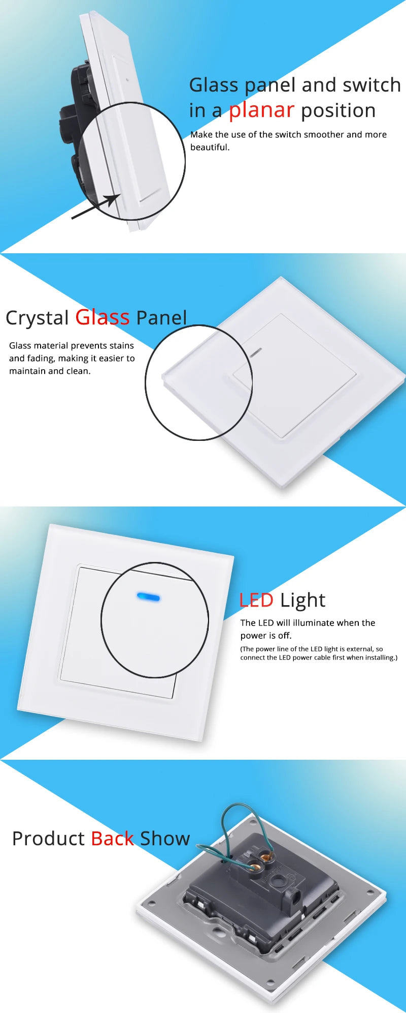 Coswall Luxury Crystal Tempered Glass Panel 1 Gang 1 Way Light Switch On / Off Wall Switch With LED Indicator 16A AC 250V