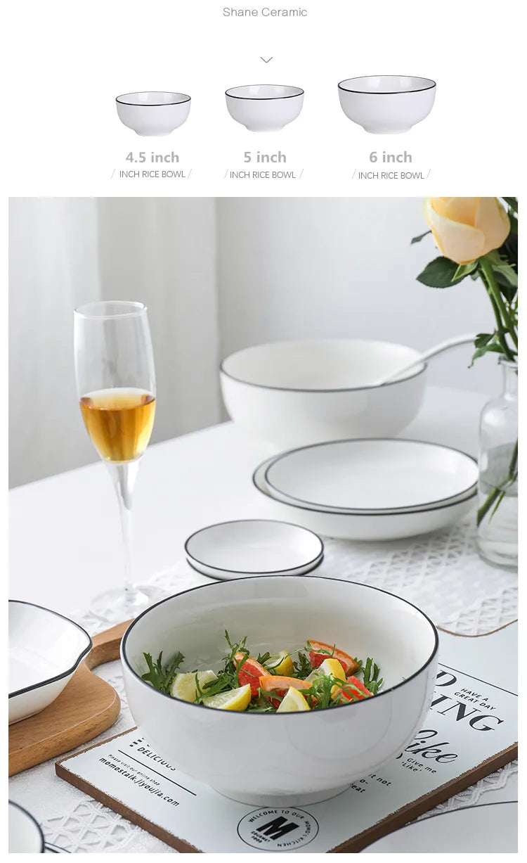 Black Rim White Ceramic Dinner Tray, Kitchen Plate, Tableware, Food Dishes, Soup Bowl,  Kitchen Cook Tool, 1 Piece Sale