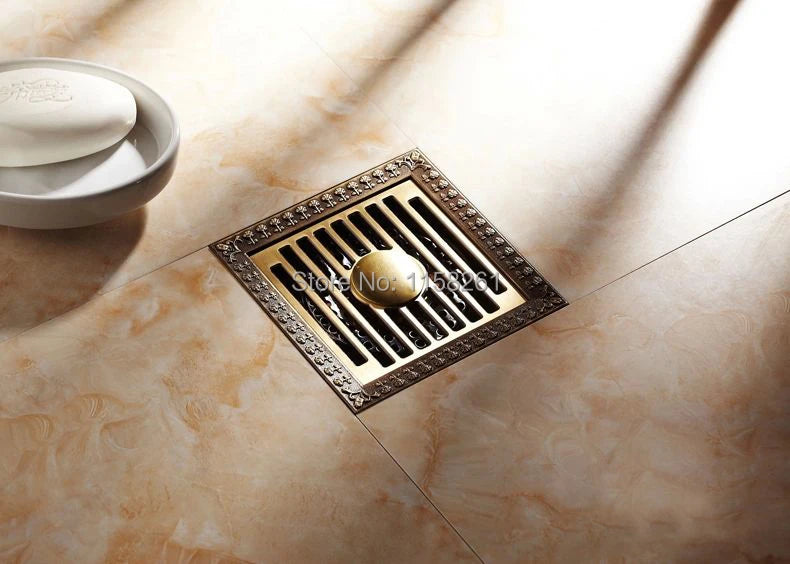 Shower Drains 12*12cm Square Bath Drains Strainer Hair Antique Brass Art Carved Bathroom Floor Drain Waste Grate Drain HJ-8701T
