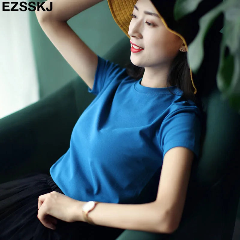 casual 95% Cotton Basic T Shirt Women Summer O-neck Short Sleeve sexy T shirt Plus Size 3XL solid Color slim Tee top Female