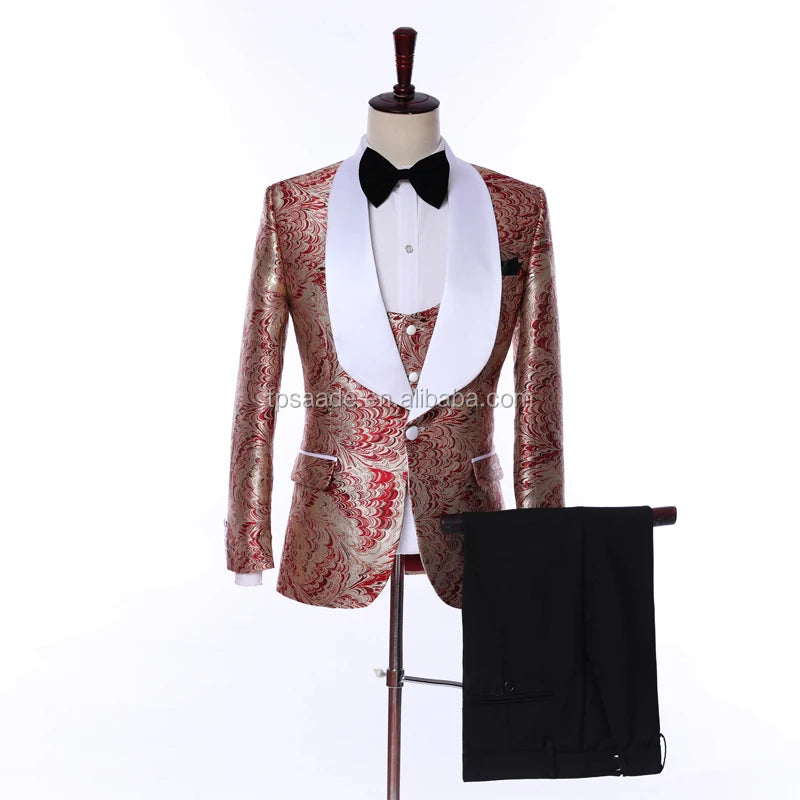 2024 New Arrival l Long Coat Designs Chinese Red Men Suit Gentle Men Tuxedo Prom Blazer Custom 3 Pieces (Jacket+vest+Pants)
