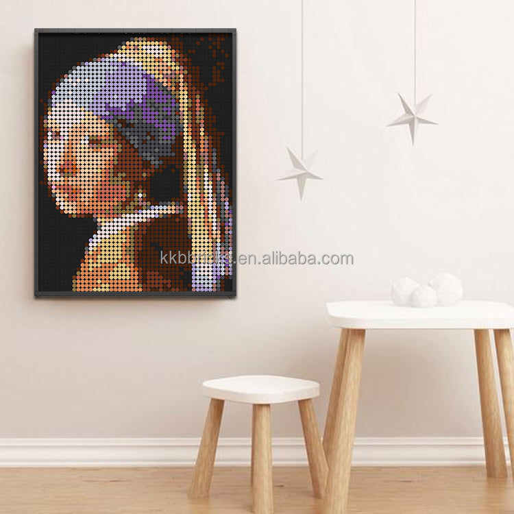 48x64 Studs 1*1 Round Tile or 1*1 Plate  Girl with a Pearl Earring Pixel Art Set  Decorative DIY Mosaic Art 20" Framed Art
