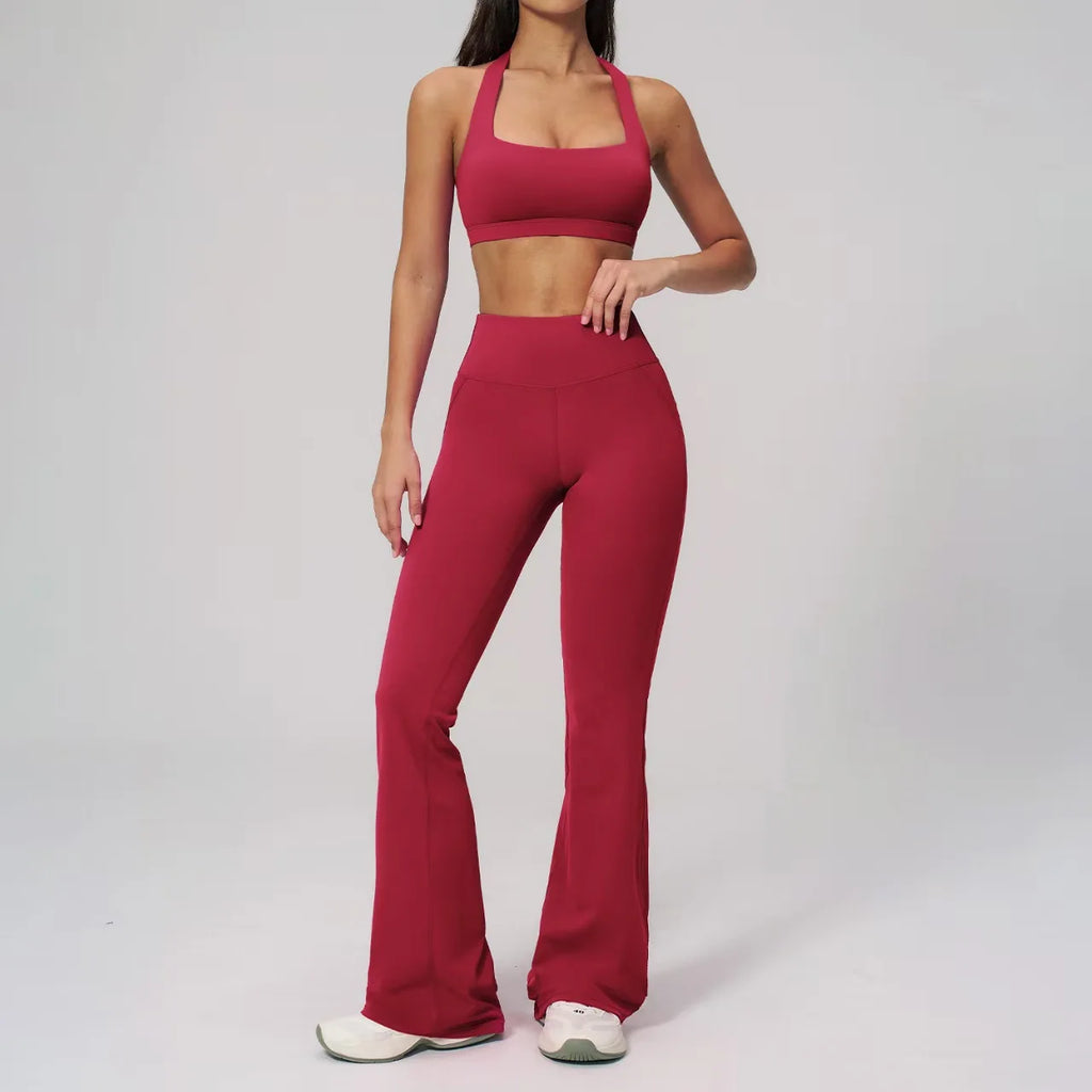 Hot Selling New Luxury 2-piece Set Soft Halter Neck Yoga Set, High Waist Bootcut Flare Pants with Padded Sports Bra for Women