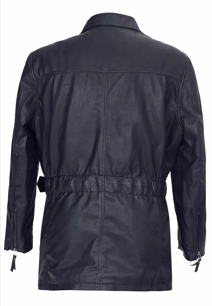 2026 Newly Arrival Men's Full Grain Leather Black Moto Jacket With Belt Zipper Closure Turn-Down Collar Regular Fit Autumn Style