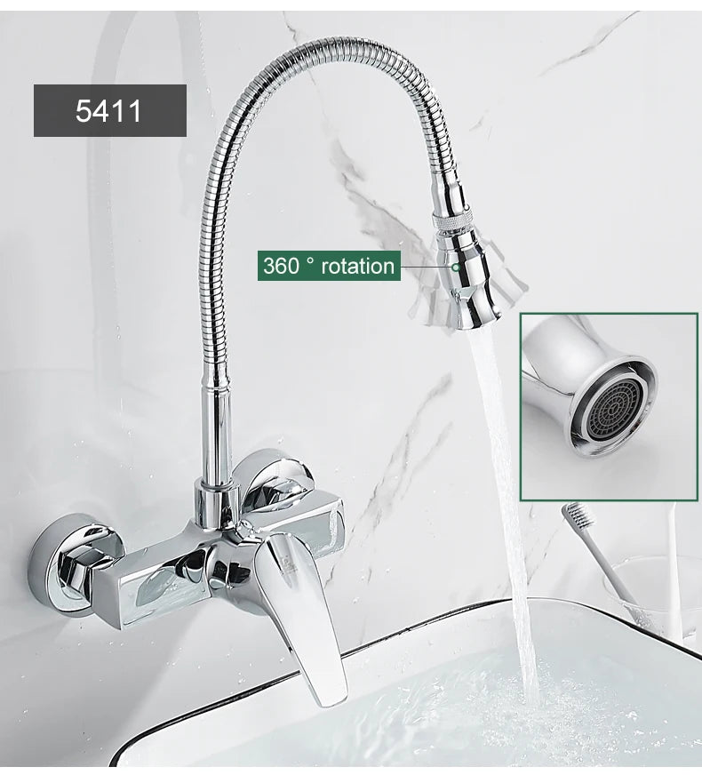 ELLEN Wall Mount Kitchen Sink Faucet Hot Cold Sink Water Mixer Tap 2 Holes Black Faucets 360 Degree Swivel ELK5400