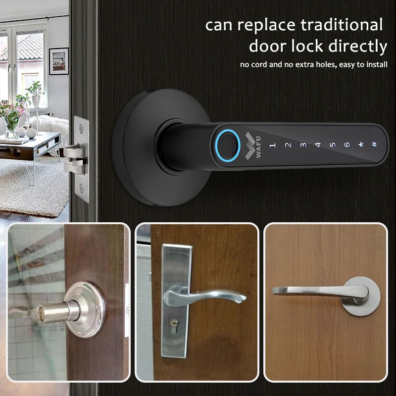 WAFU Tuya BLE Smart Door Lock Biometric Fingerprint Zinc Alloy Aluminum/Steel/Wood Door Electronic Keyless Cloud