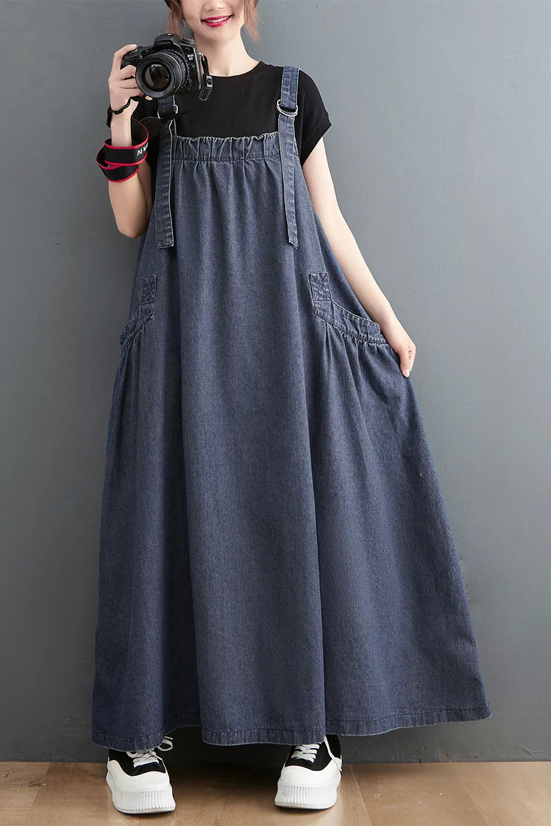Boutique Wholesale 2026 Spring and Summer New Suspender Long Dress Loose and Thin Denim Belt Dress Large Swing Dress